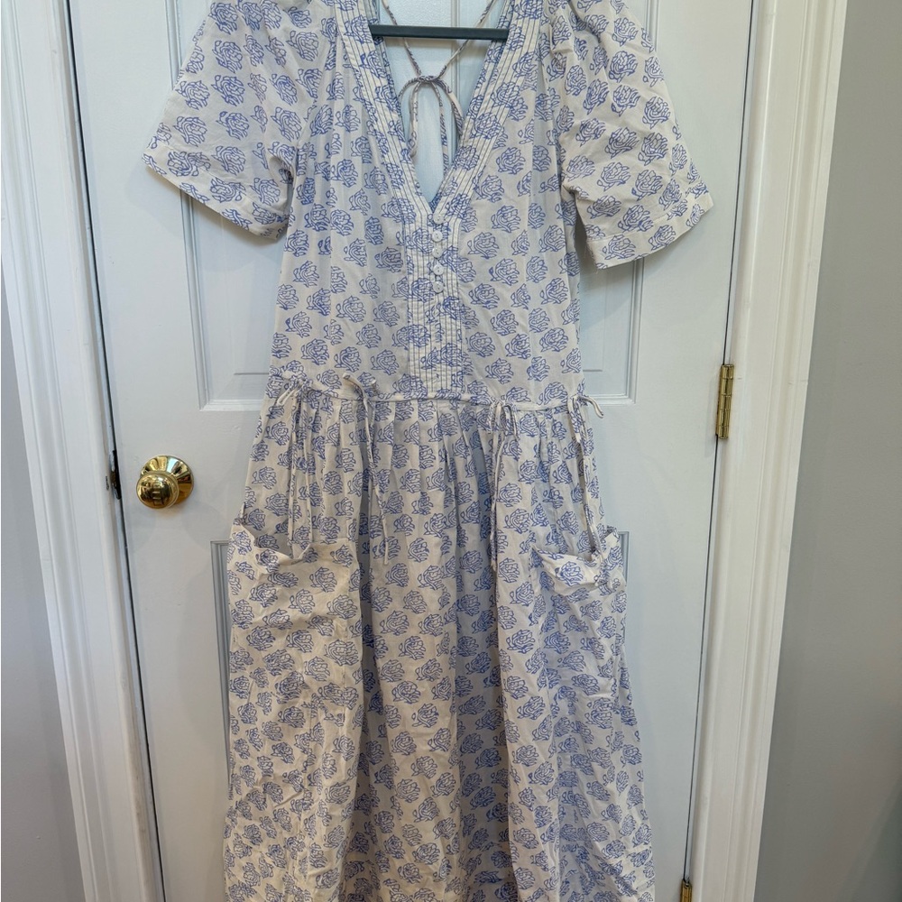 Free People Cream Midi Dress with Blue Floral Print